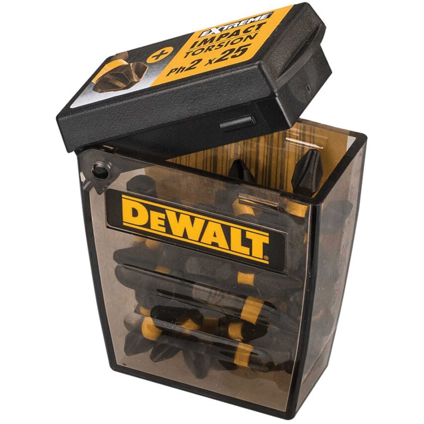 DT70555T-QZ 25mm PH2 Impact Torsion Screwdriver Bits in a Flip Top Box - 25 Piece