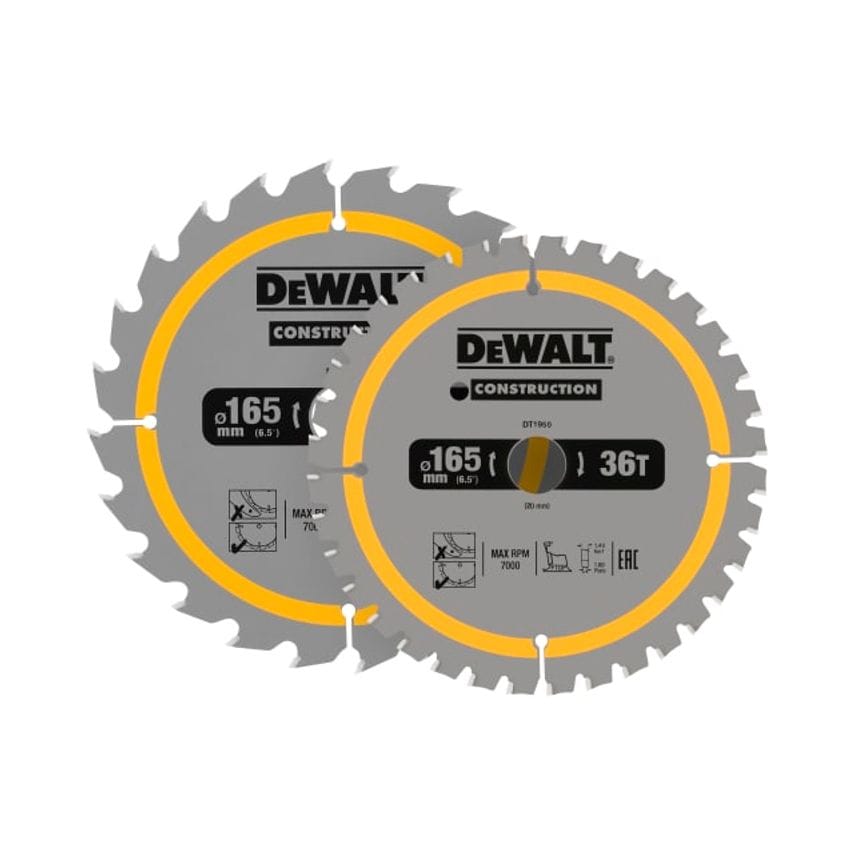 DT90270 Construction Circular Saw Blade 2 Pack 165 X 20mm X 24T/36T