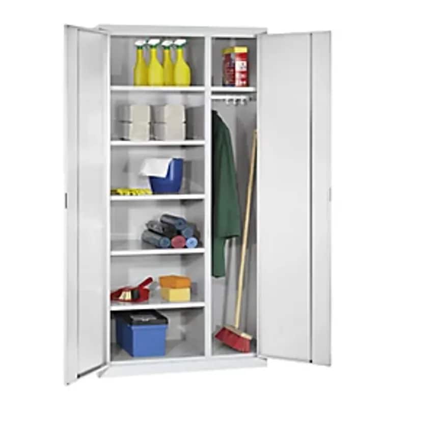 Double Door Cupboard, 6 Shelves, 1 Clothes Rail, Depth 400mm, Light Grey