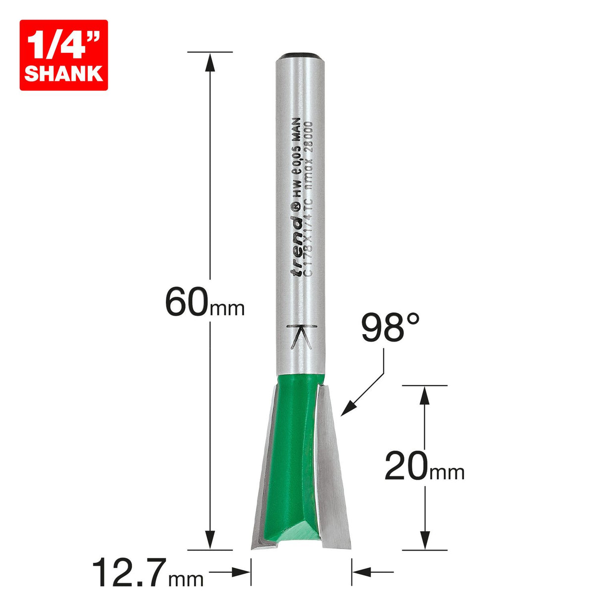 Dovetail 12.7mm x 98 Degrees x 20mm Cut - C178X1/4TC