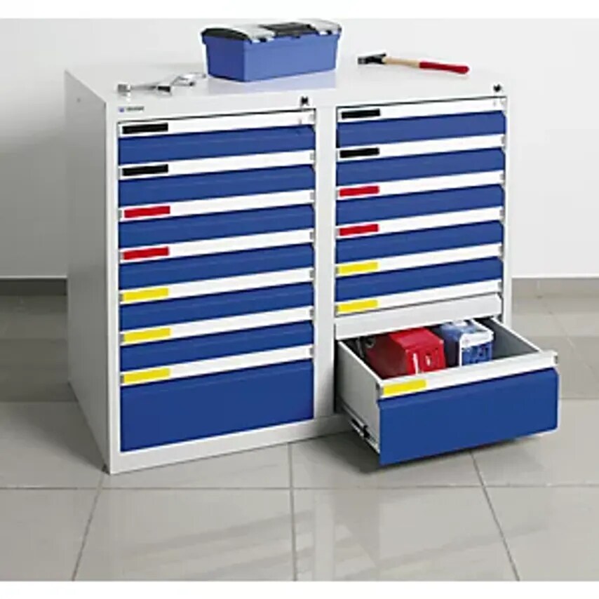 Drawer Cupboard, Width 1000mm, 14 Drawers, Light Grey/Gentian Blue