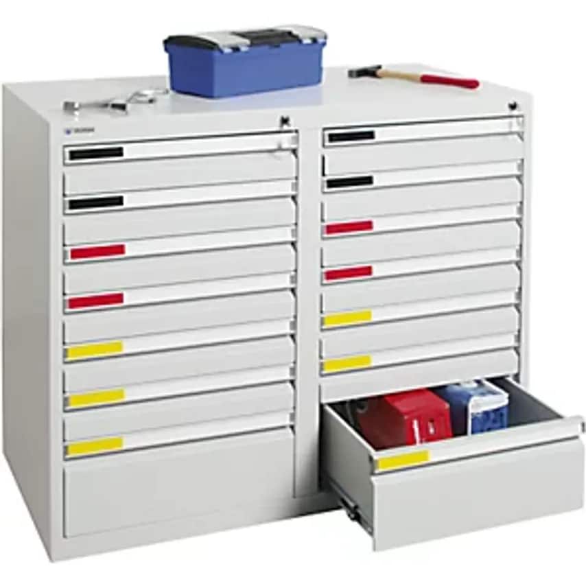 Drawer Cupboard, Width 1000mm, 14 Drawers, Light Grey