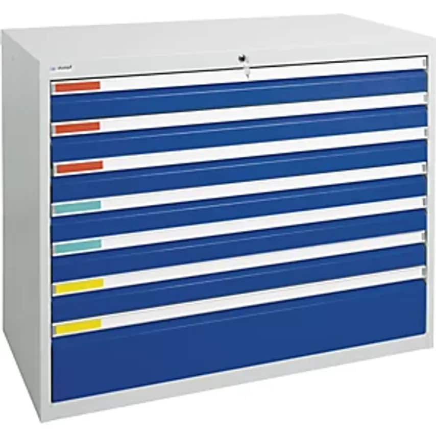 Drawer Cupboard, Width 1000mm, 7 Drawers, Light Grey/Gentian Blue