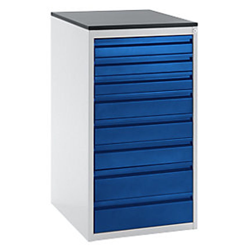 Drawer Cupboard With Telescopic Guides - Height 1030mm - Drawers: 3 X 90, 3 X 120, 2 X 150mm, Light Grey/Gentian Blue, Width 580mm
