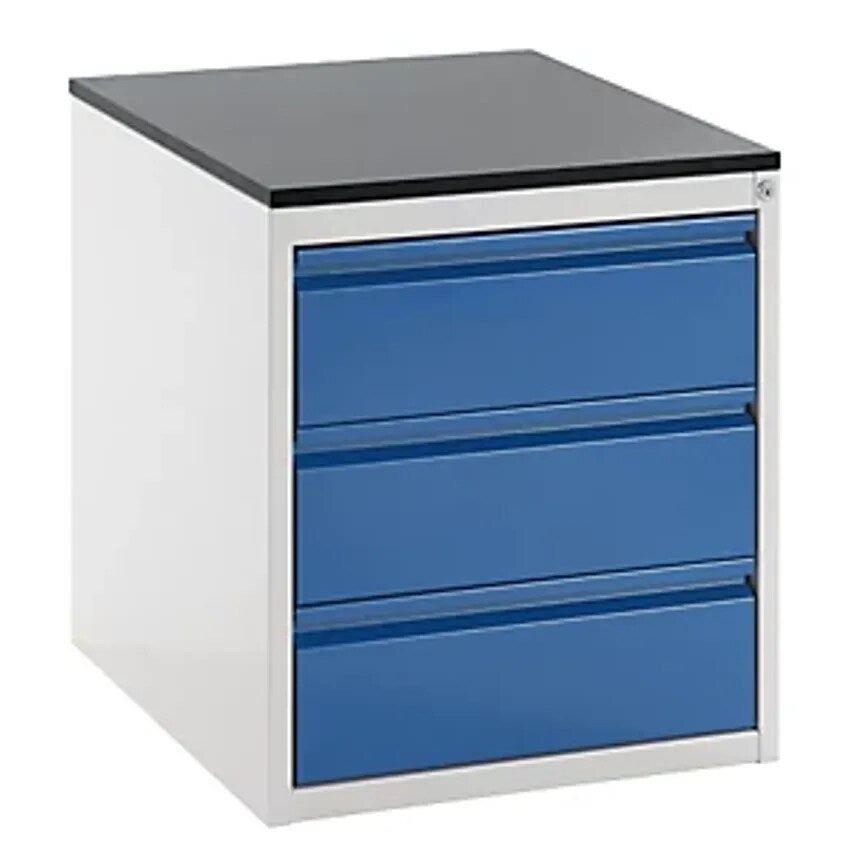 Drawer Cupboard With Telescopic Guides - Height 640mm - 3 X 180mm Drawers, Light Grey/Gentian Blue, Width 580mm.