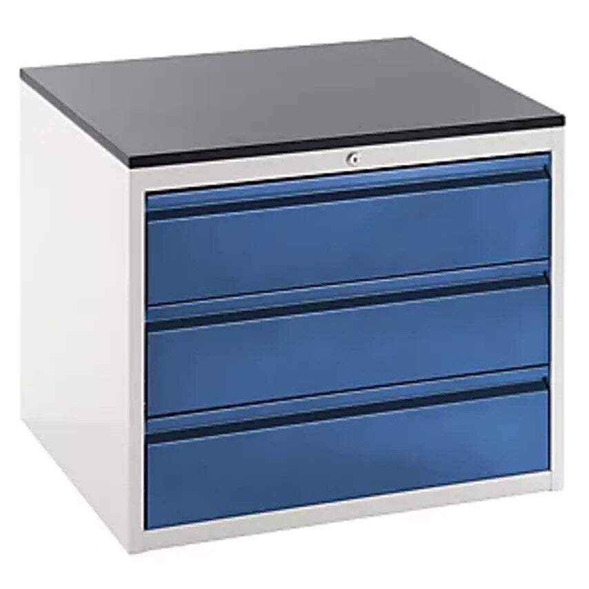Drawer Cupboard With Telescopic Guides - Height 640mm - 3 X 180mm Drawers, Light Grey/Gentian Blue, Width 770mm.