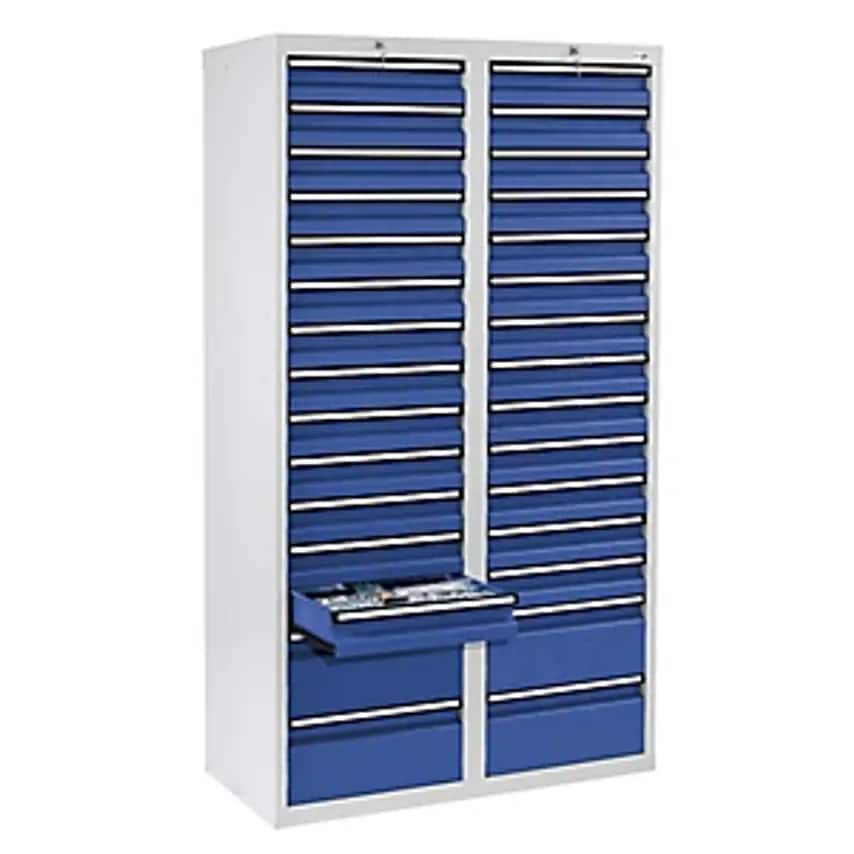 Drawer Cupboard - HxWxD 1800 X 1000 X 500mm - 26 X 100mm Drawers, 4 X 200mm High Drawers, Grey Body, Gentian Blue Drawers