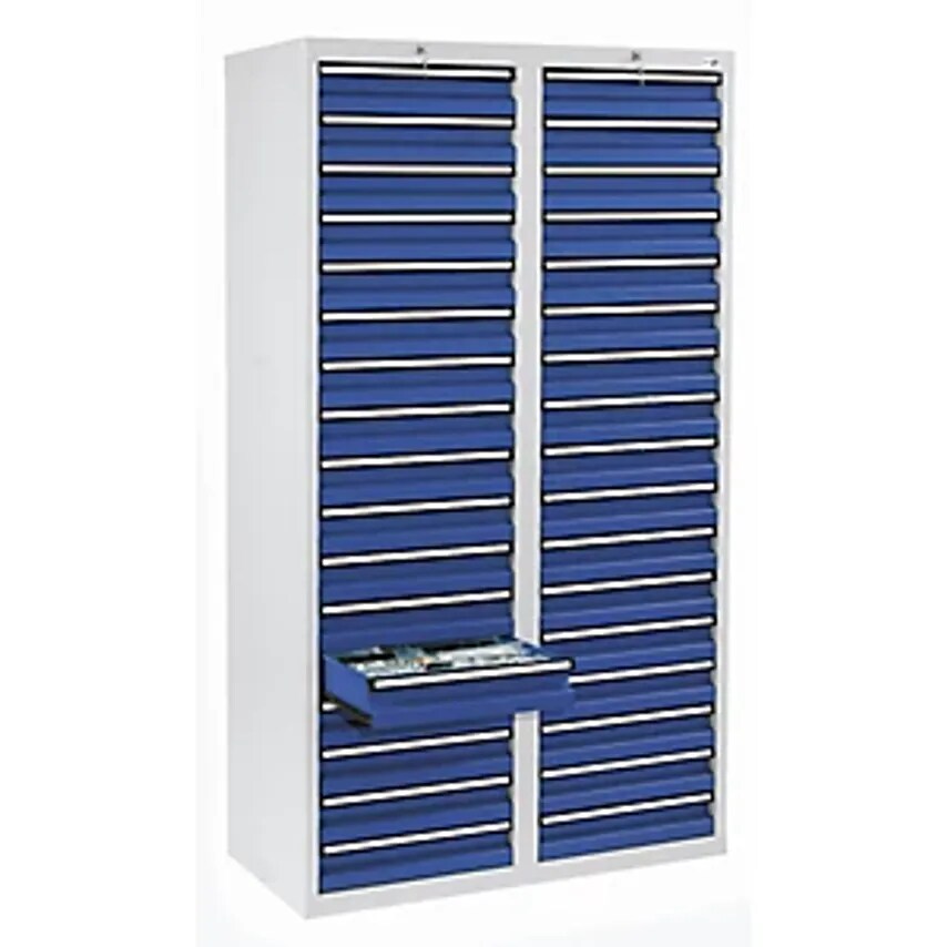 Drawer Cupboard - HxWxD 1800 X 1000 X 500mm - 34 Drawers 100mm High, Grey Body, Gentian Blue Drawers