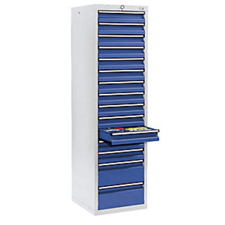 Drawer Cupboard - HxWxD 1800 X 500 X 500mm - 13 X 100mm Drawers, 2 X 200mm High Drawers, Grey Body, Gentian Blue Drawers