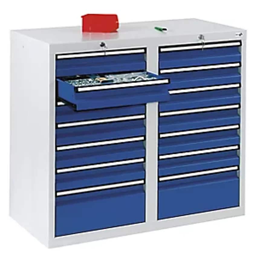 Drawer Cupboard - HxWxD 900 X 1000 X 500mm - 12 X 100mm High Drawers, 2 X 200mm High Drawers, Grey Body, Gentian Blue Drawers