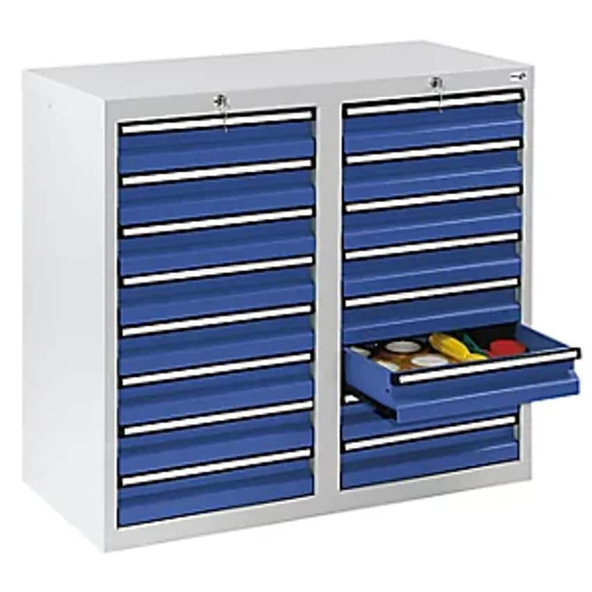 Drawer Cupboard - HxWxD 900 X 1000 X 500mm - 16 X 100mm High Drawers, Grey Body, Gentian Blue Drawers
