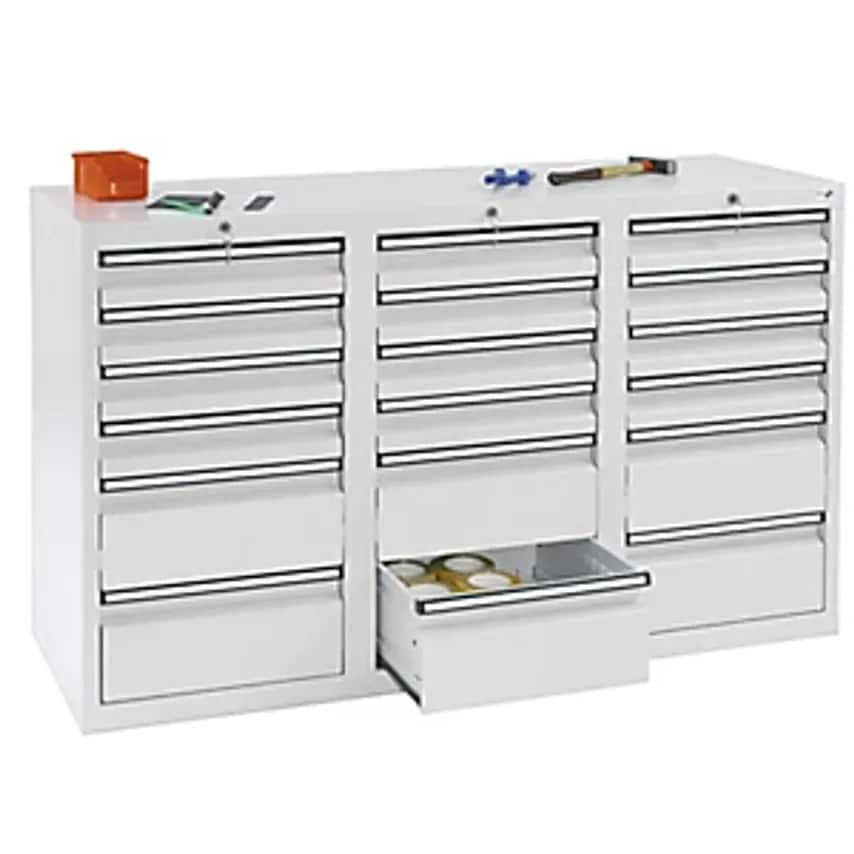 Drawer Cupboard - HxWxD 900 X 1500 X 500mm - 12 X 100mm Drawers, 6 X 200mm High Drawers, Body And Drawers, Grey
