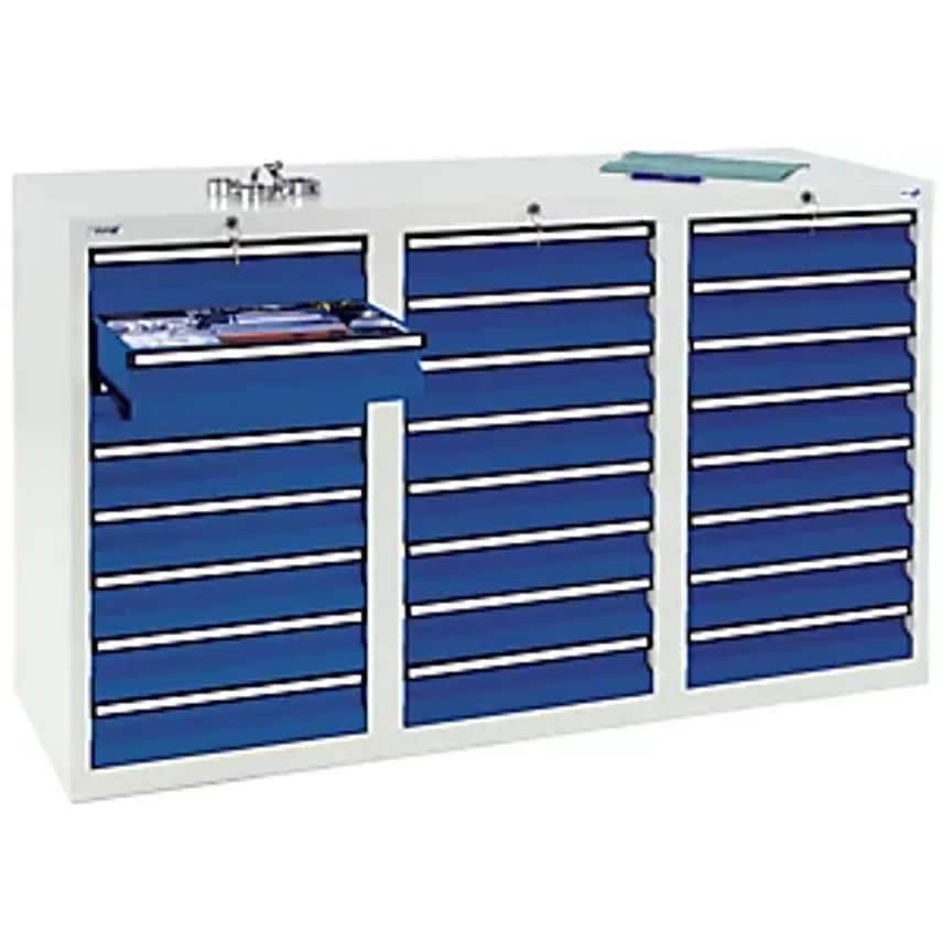 Drawer Cupboard - HxWxD 900 X 1500 X 500mm - 24 X 100mm High Drawers, Grey Body, Gentian Blue Drawers
