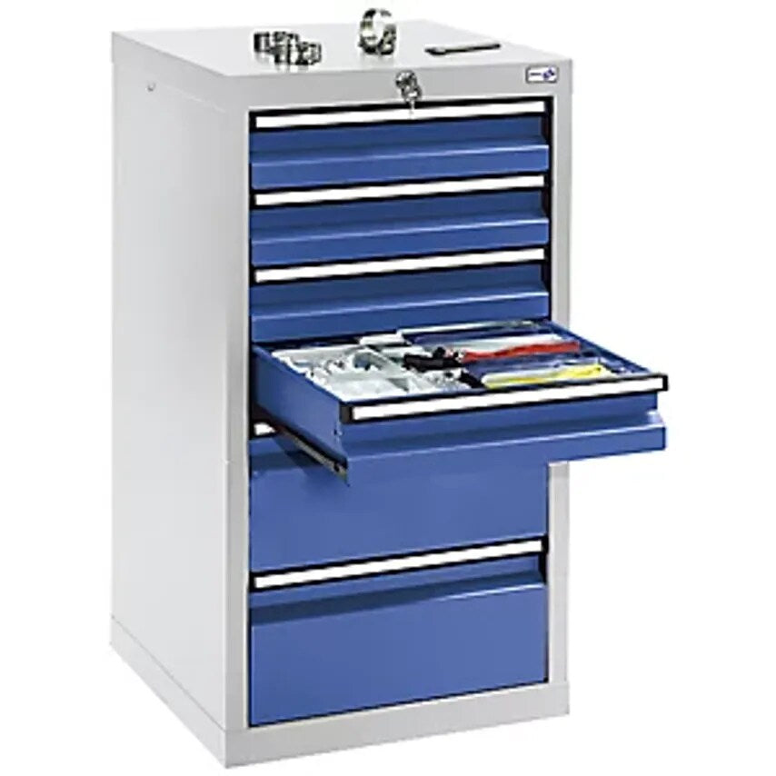 Drawer Cupboard - HxWxD 900 X 500 X 500mm - 4 X 100mm High Drawers, 2 X 200mm Drawers, Light Grey Body, Gentian Blue Drawers