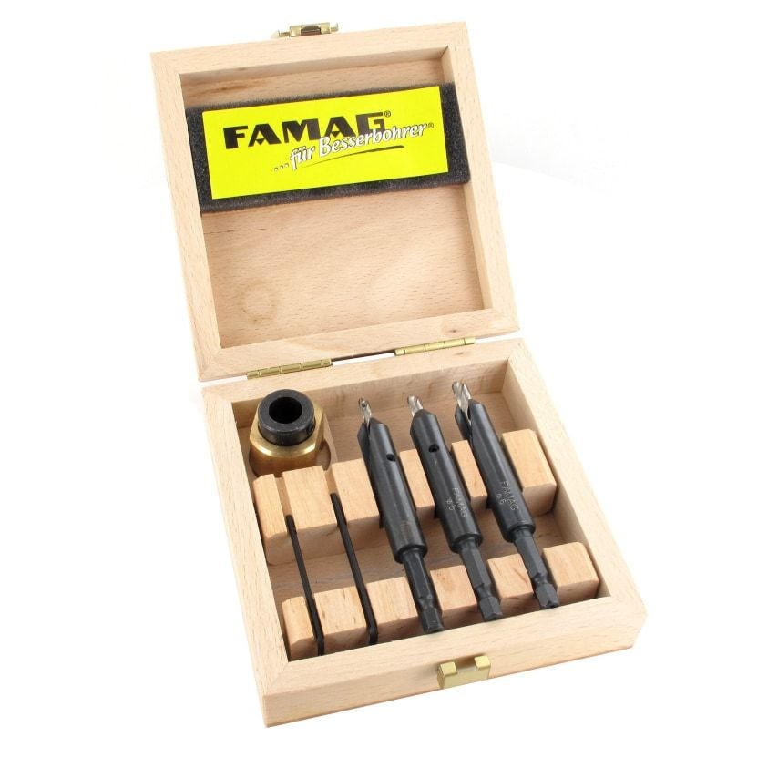 Drill Countersink Set of 4 Pieces 4, 5 and 6mm + Depth Stop in Wooden Case