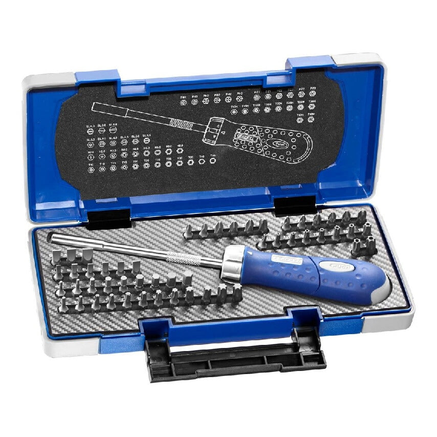 E160804 59 Piece 1/4" Hex Screwdriver Bit Set with Ratchet Screwdriver