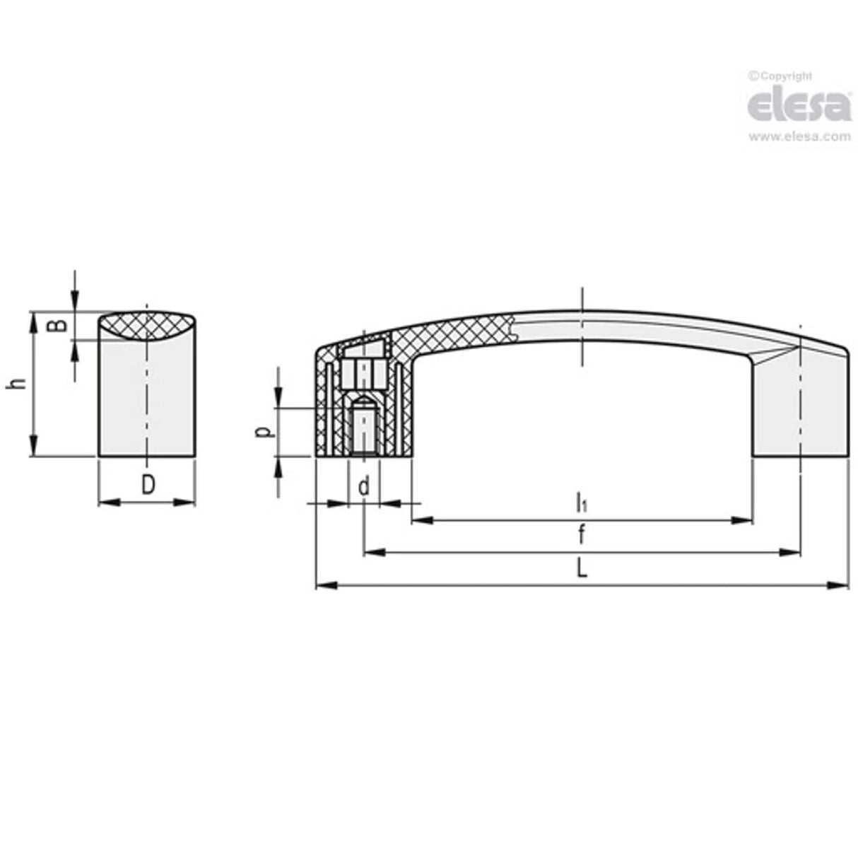 EBP Bridge handles Technopolymer Brass boss threaded blind holes for back mounting EBP.145-B-M8-C6