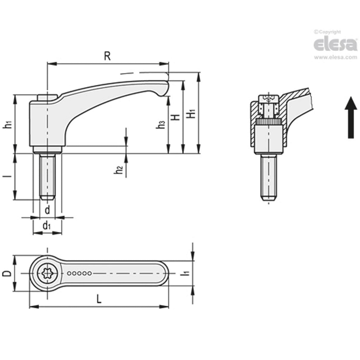 ERM Adjustable handles Zinc alloy steel or stainless steel clamping element Black-oxide steel clamping element threaded screw ERM.95 p-M16x63-C2
