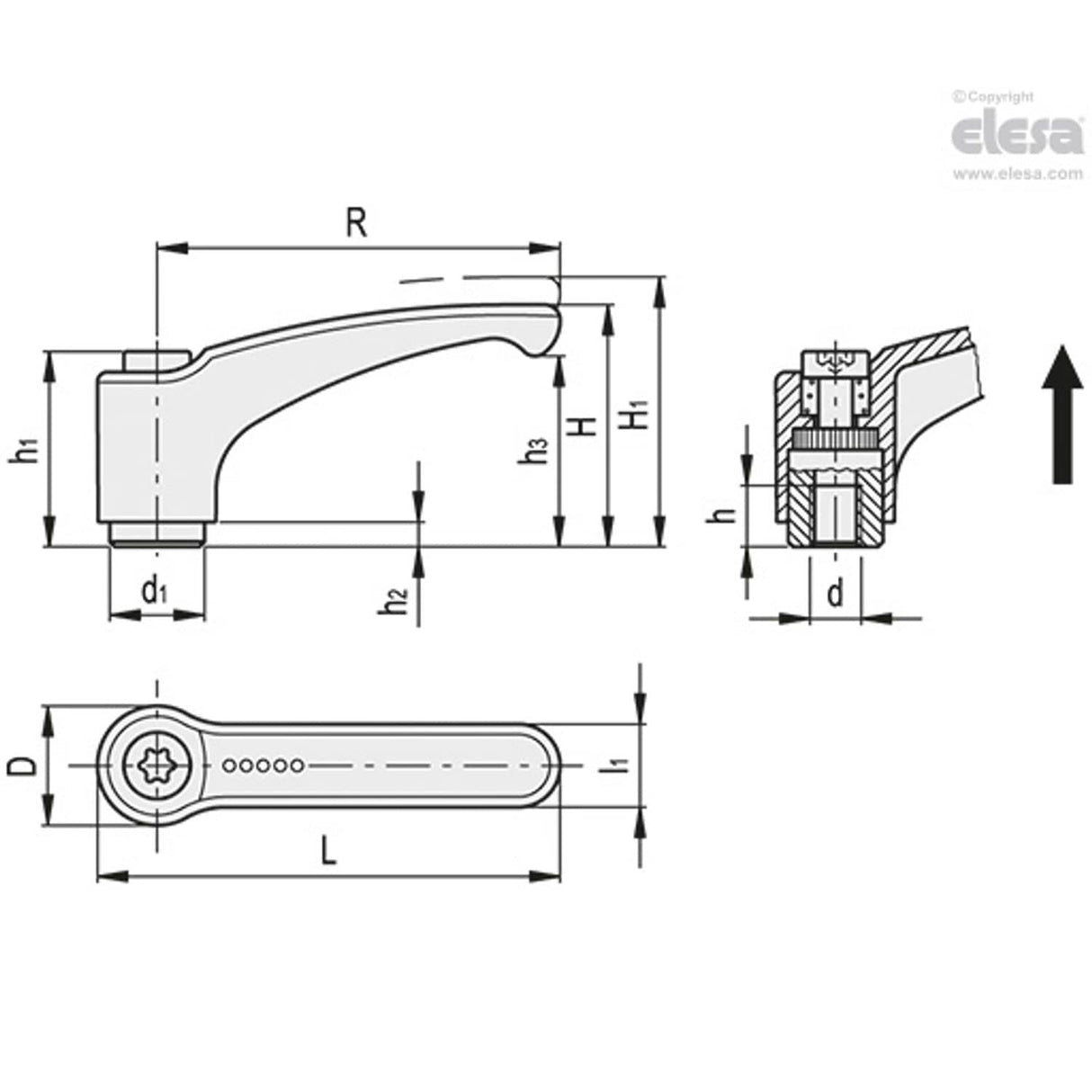 ERM Adjustable handles Zinc alloy steel or stainless steel clamping element Stainless steel clamping element threaded hole ERM.63 SST-A-M8-C2