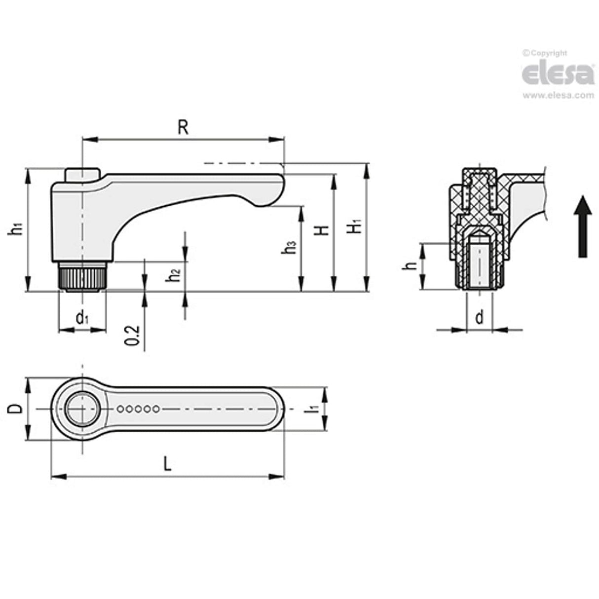 ERW Adjustable handles Flat lever technopolymer Stainless steel boss threaded hole ERW.63-SST-M6-C2