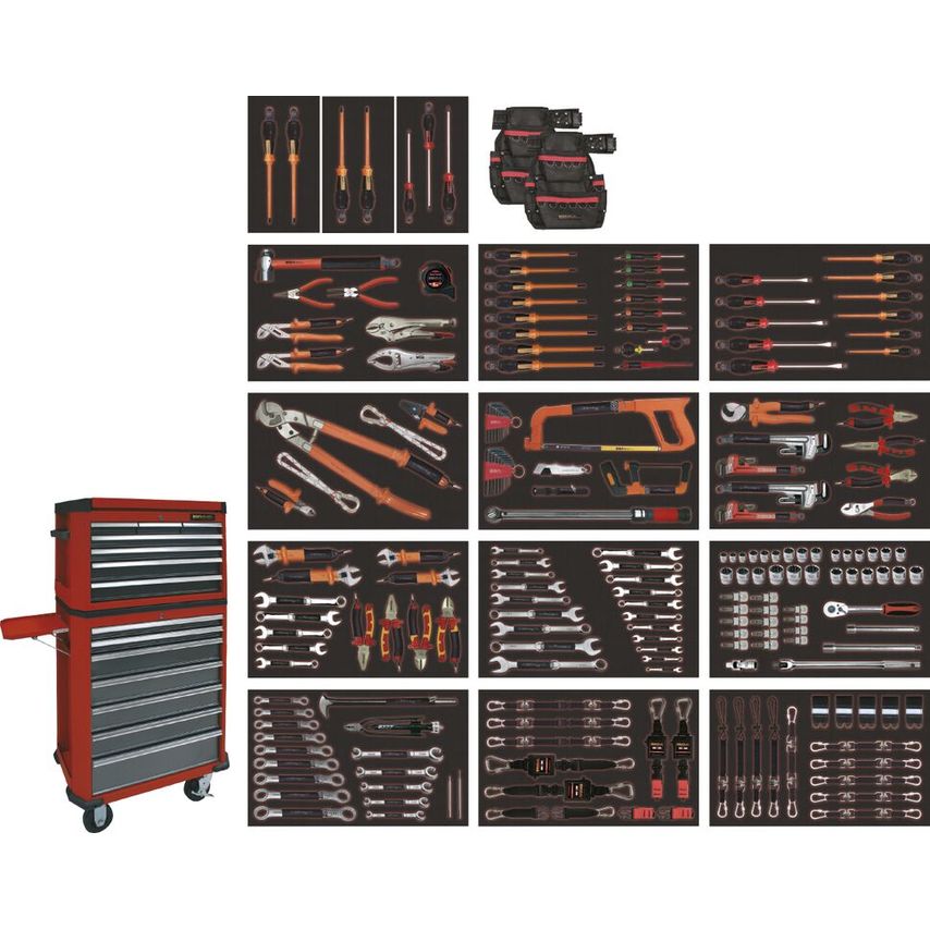 Electrician Set 207 Pcs Antidrop with Roller Cabinet and Foams Trays ACO AD591637