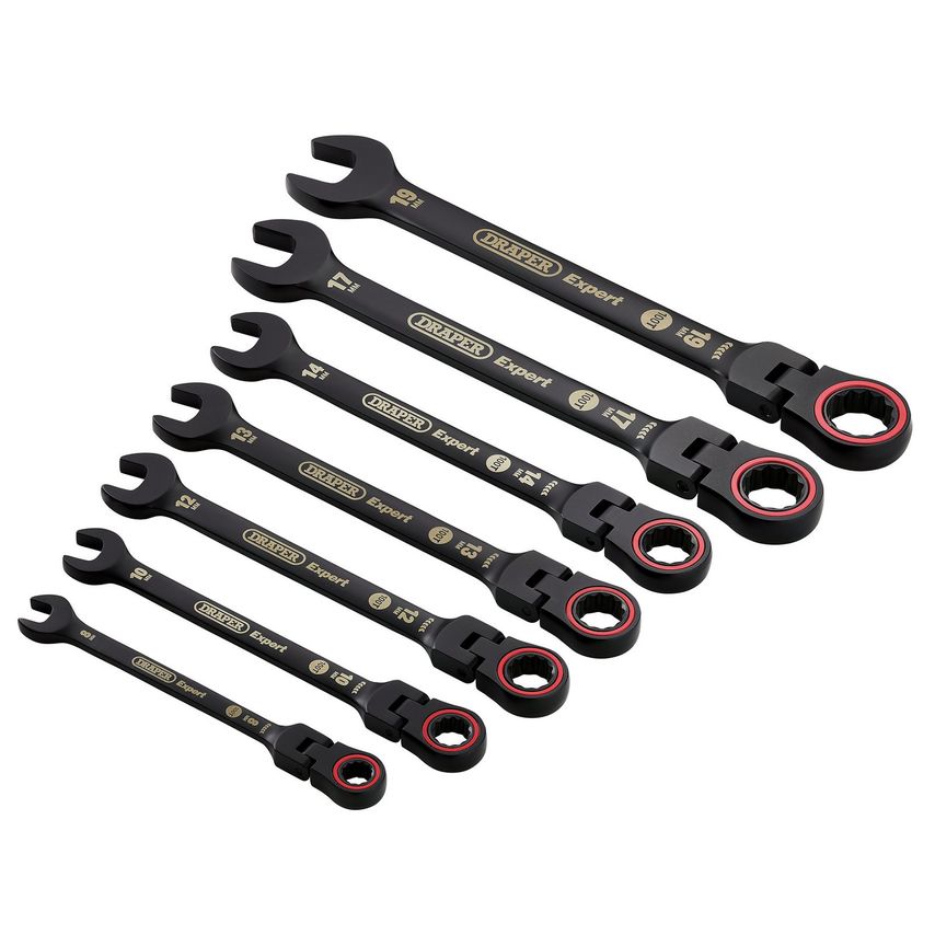 Expert Hi-Torq Metric Flexible Head Ratchet Combination Spanner Set Black (7 pc)