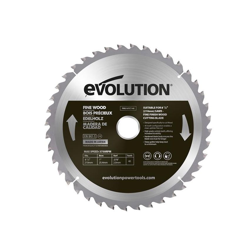 Fine Wood Mitre/Table Saw Blade 210 x 25.4mm x 40T EVLFW210TC40