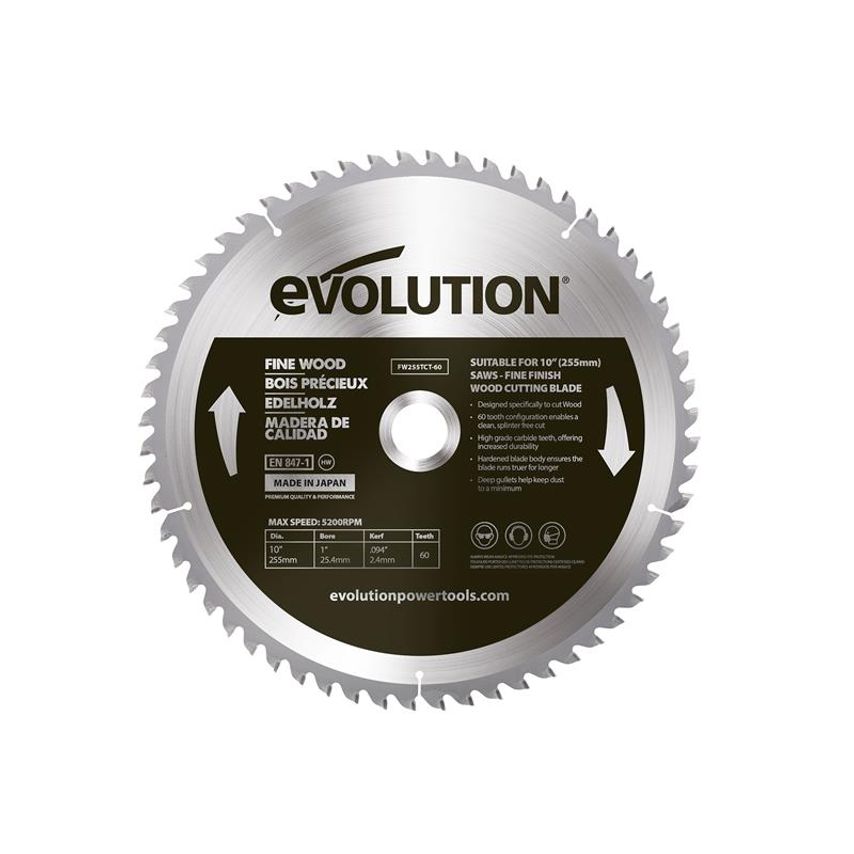Fine Wood Mitre/Table Saw Blade 255 x 25.4mm x 60T EVLFW255TC60