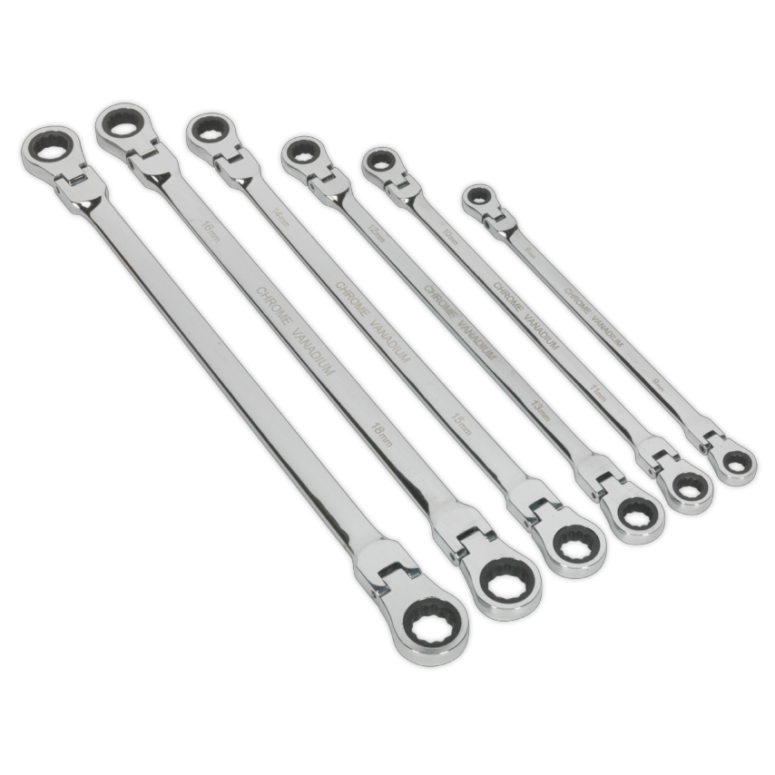 Flexi-head Double End Ratchet Ring Spanner Set6 Piece Extra Long Metric