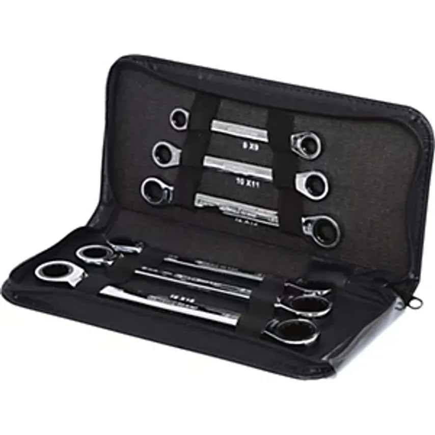 GEARplus Double Ring Ratchet Spanner Set Leather Pouch 6 Parts
