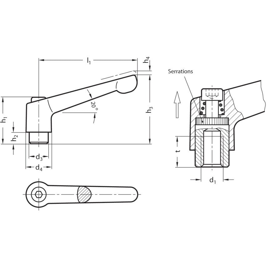 GN300-108-M16-SW Black Adjustable Hand Levers, Female