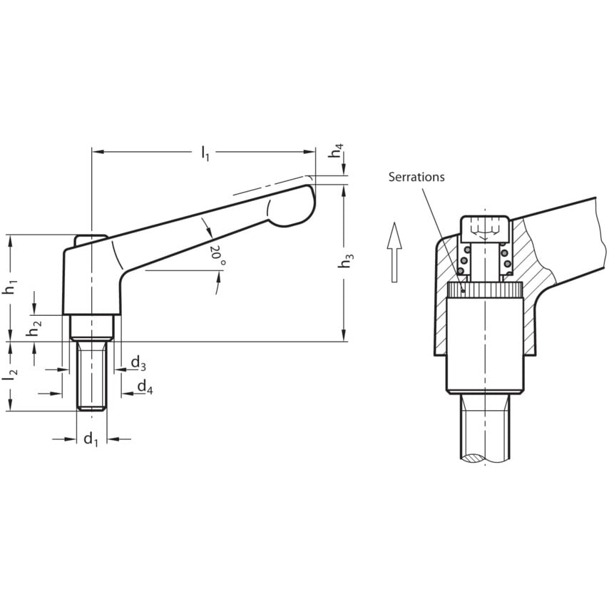 GN300-92-M12-63-SW Adjustable Hand Lever; Black, Male
