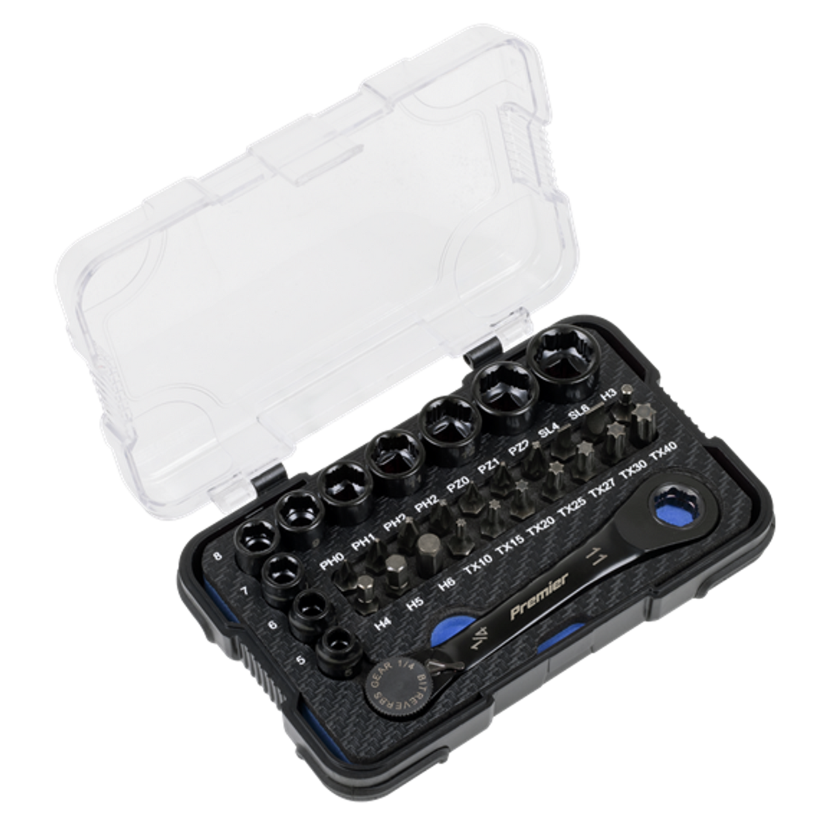 Go-Through Lock-On Low Profile Socket & Bit Set 1/4inSq Drive 31 Pieces