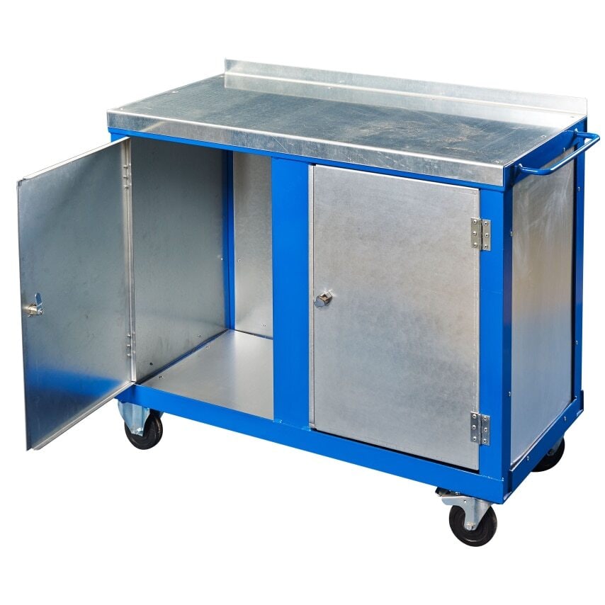 Green 1000mm x 500mm Galvanised Steel Top Tool Trolley with 2 Cupboards and Castors