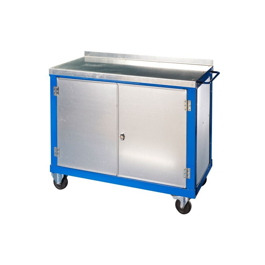 Green 1000mm x 500mm Galvanised Steel Top Tool Trolley with Double Doors and Mid Shelf and Castors