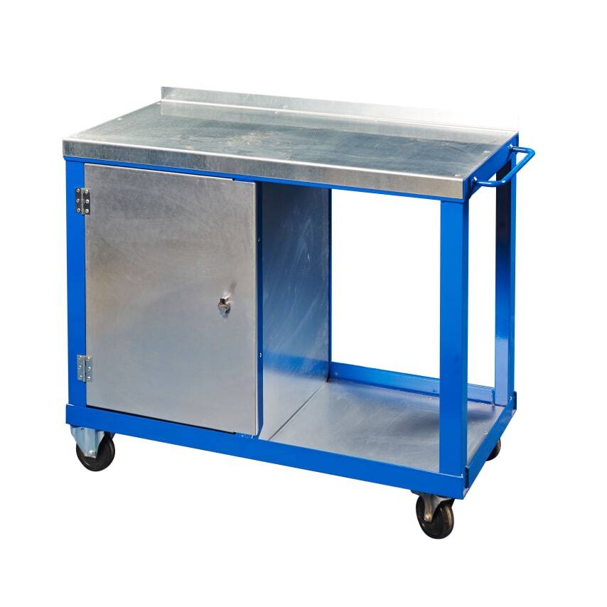 Green 1000mm x 500mm Galvanised Steel Top Tool Trolley with Single Coloured and Bottom Shelf and Castors