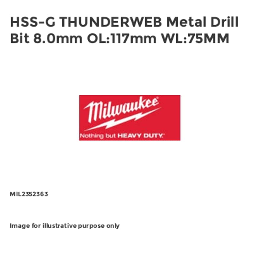 HSS-G THUNDERWEB Metal Drill Bit 8.0mm OL:117mm WL:75MM MIL2352363