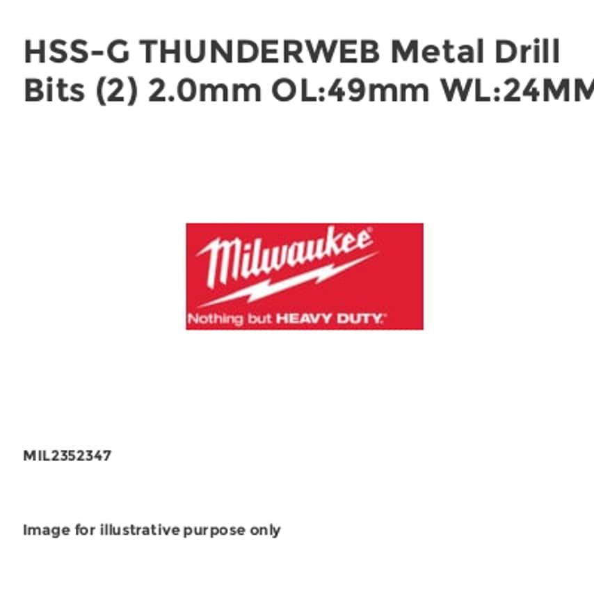 HSS-G THUNDERWEB Metal Drill Bits (2) 2.0mm OL:49mm WL:24MM MIL2352347