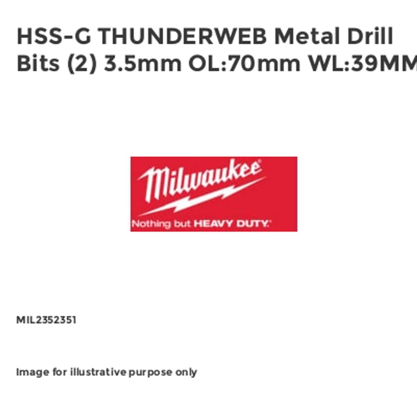HSS-G THUNDERWEB Metal Drill Bits (2) 3.5mm OL:70mm WL:39MM