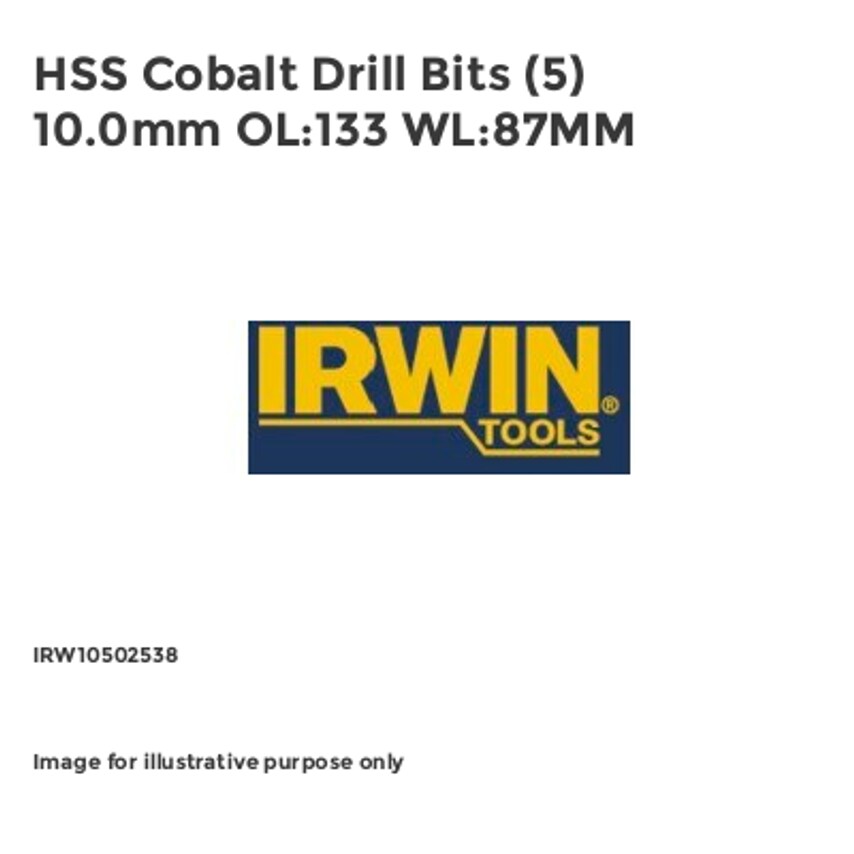 HSS Cobalt Drill Bits (5) 10.0mm OL:133 WL:87MM IRW10502538