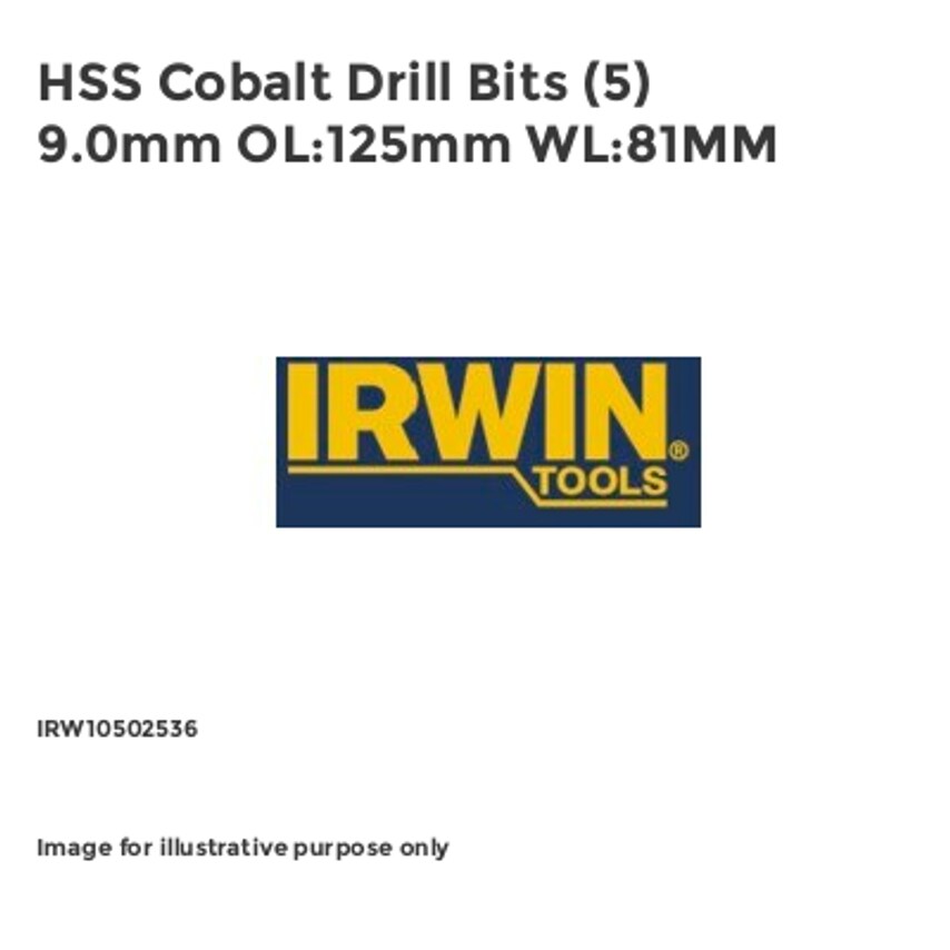 HSS Cobalt Drill Bits (5) 9.0mm OL:125mm WL:81MM IRW10502536