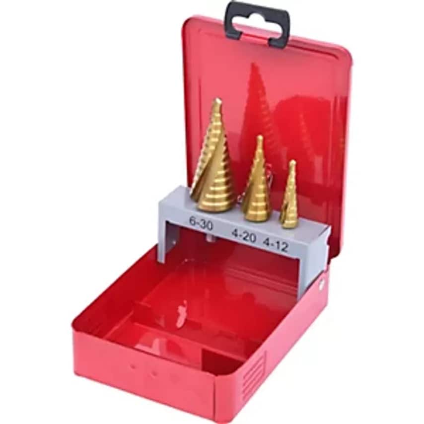 HSS TiN Stepped Drill Set Sheet Steel Case 3 Parts 4 - 30 mm