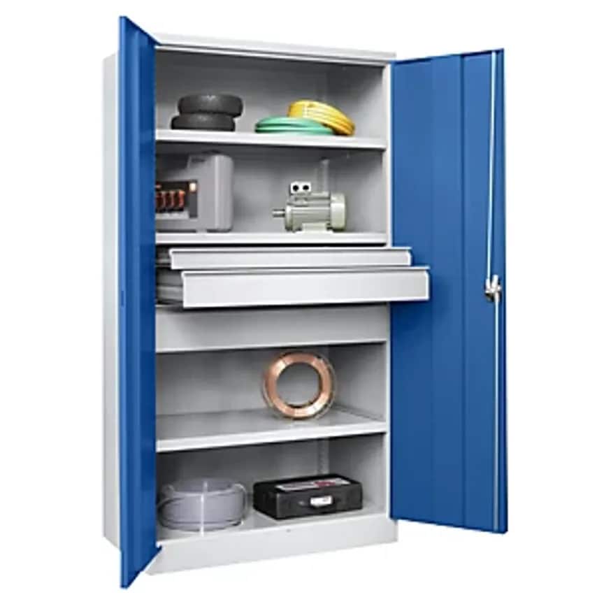 Heavy Duty Cupboard, Height 1950mm, 3 Shelves, 3 Drawers, Grey/Blue