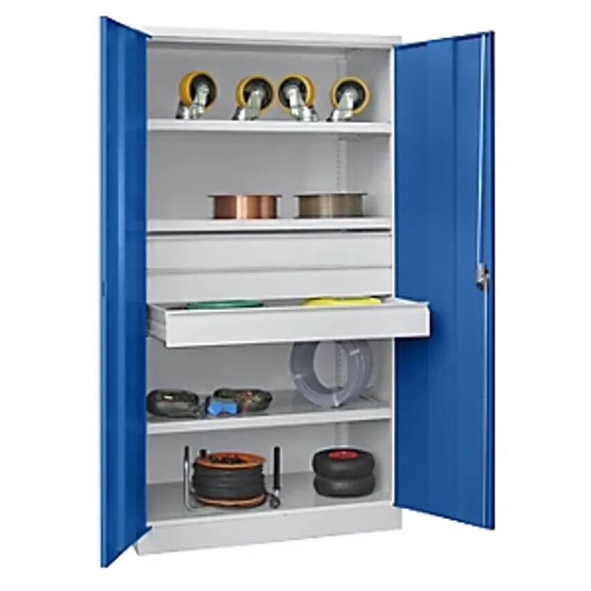 Heavy Duty Cupboard, Height 1950mm, 3 Shelves, 3 X 125mm Drawers, Grey/Blue