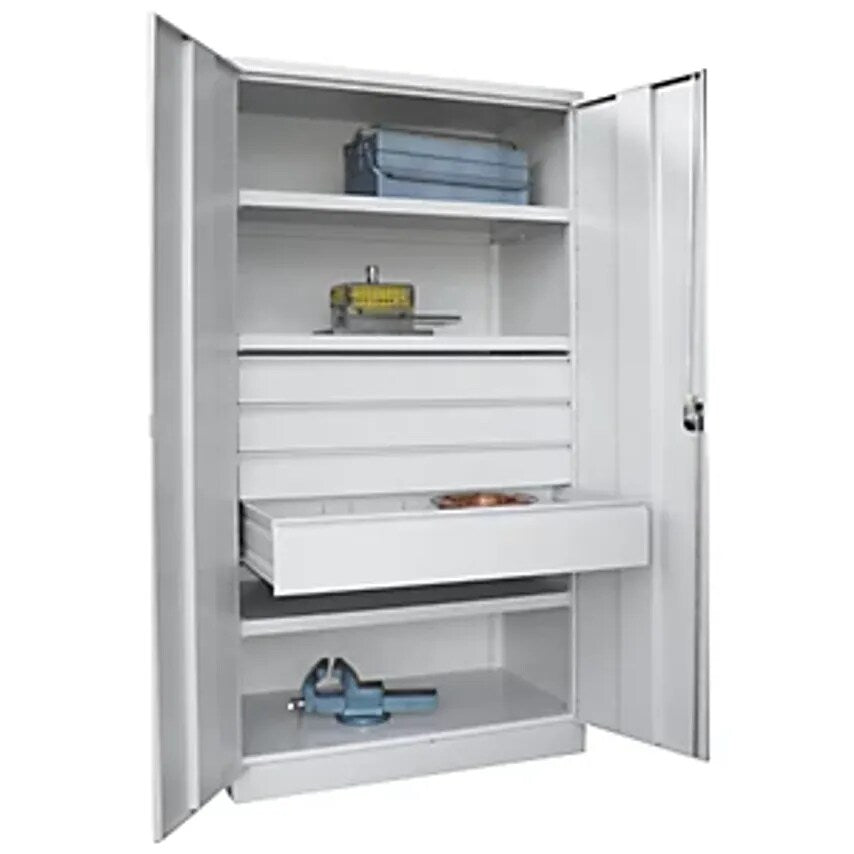 Heavy Duty Cupboard, Height 1950mm, 3 Shelves, 4 Drawers, Grey