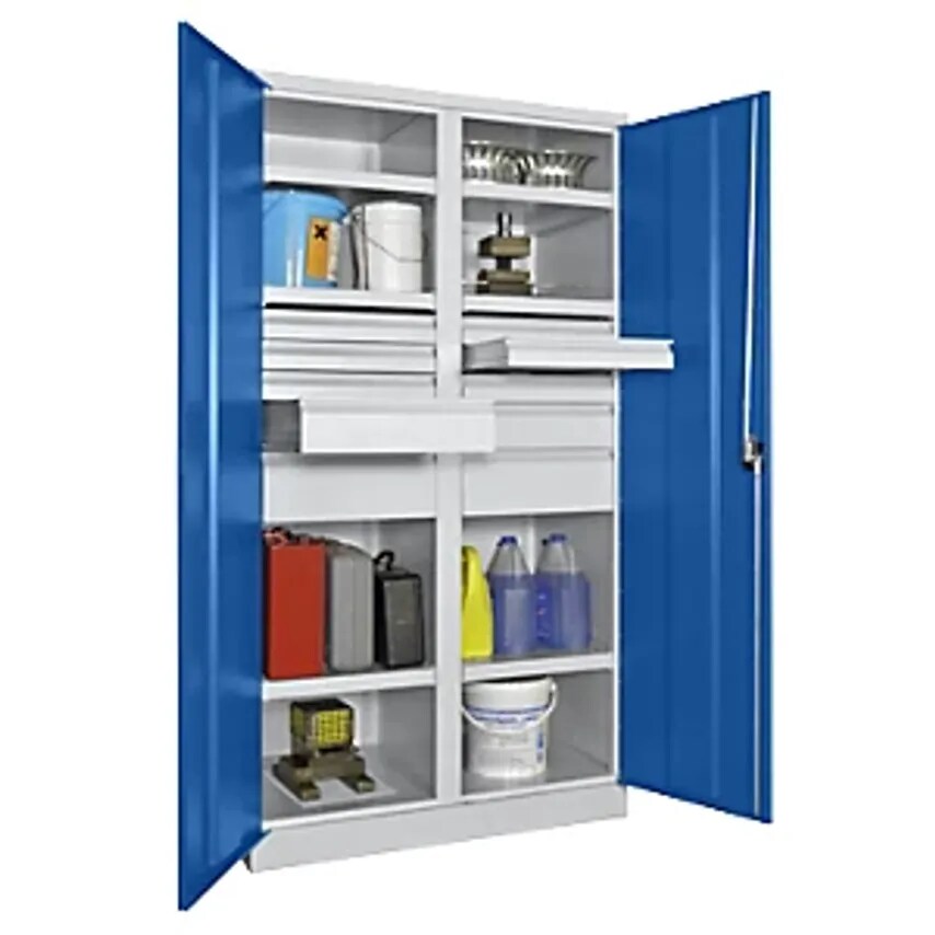Heavy Duty Cupboard, Height 1950mm, 6 Shelves, 10 Drawers, Grey/Blue