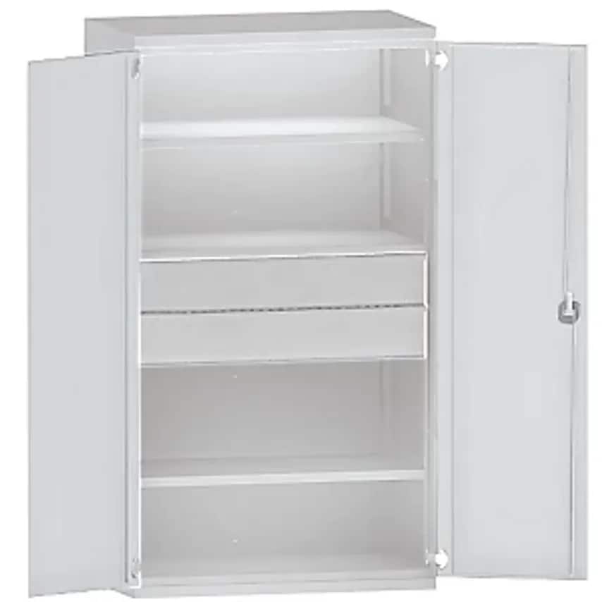 Heavy Duty Cupboard Steel, 3 Shelves, 2 X 180mm High Drawers, Light Grey/Light Grey