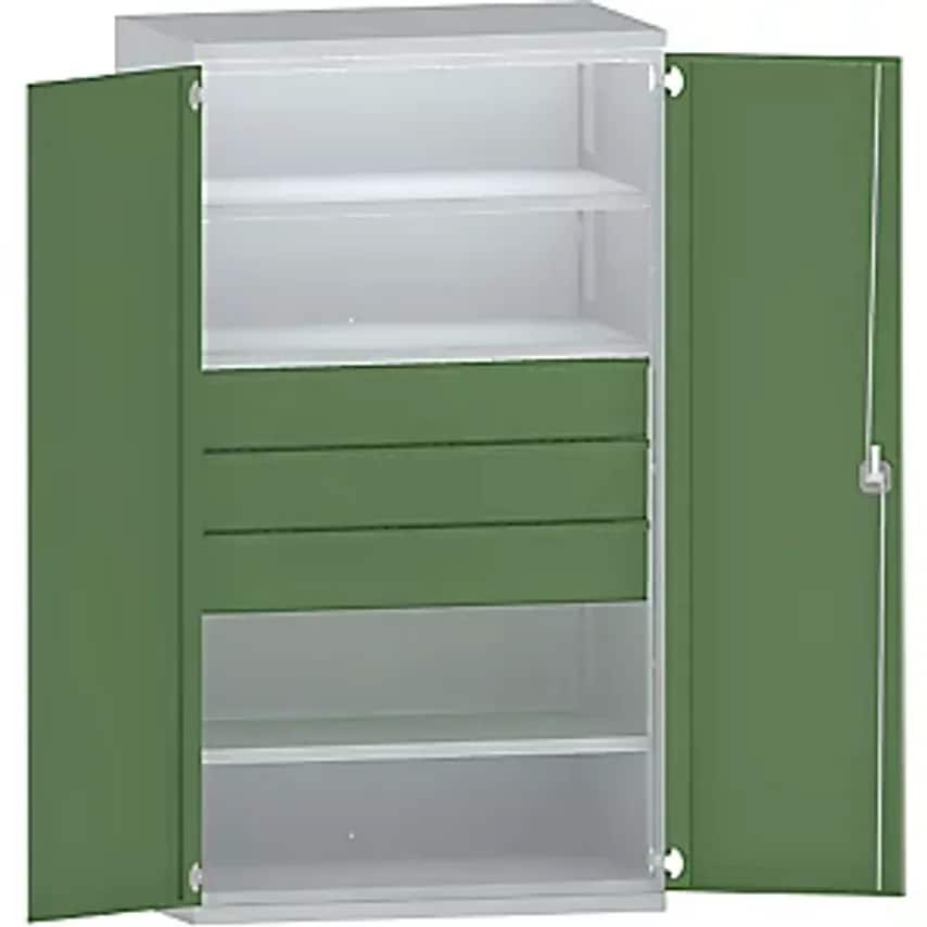 Heavy Duty Cupboard Steel, 3 Shelves, 3 X 180mm High Drawers, Light Grey/Reseda Green