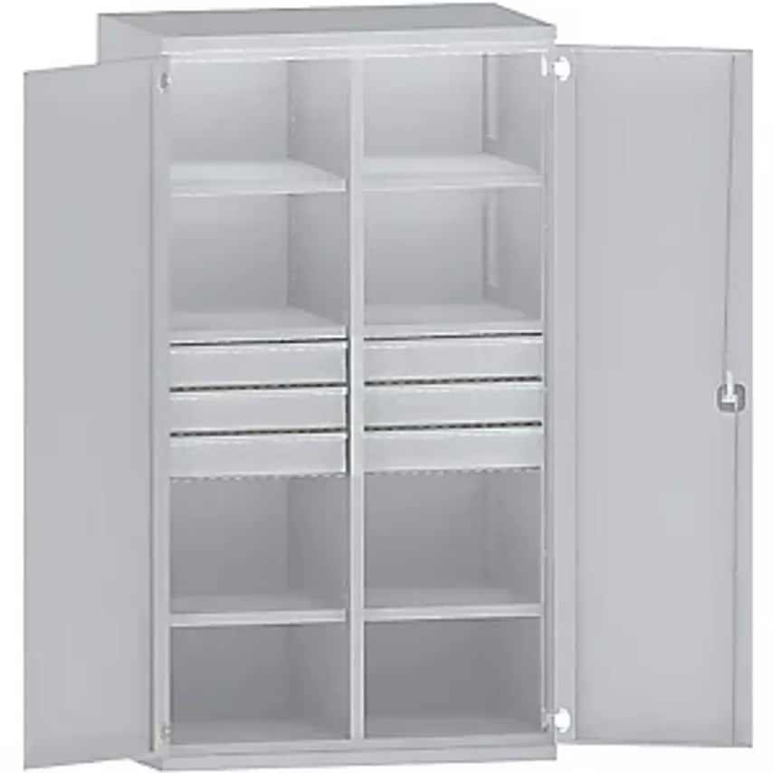 Heavy Duty Cupboard Steel, 6 Shelves, 6 X 120mm High Drawers, Light Grey/Light Grey
