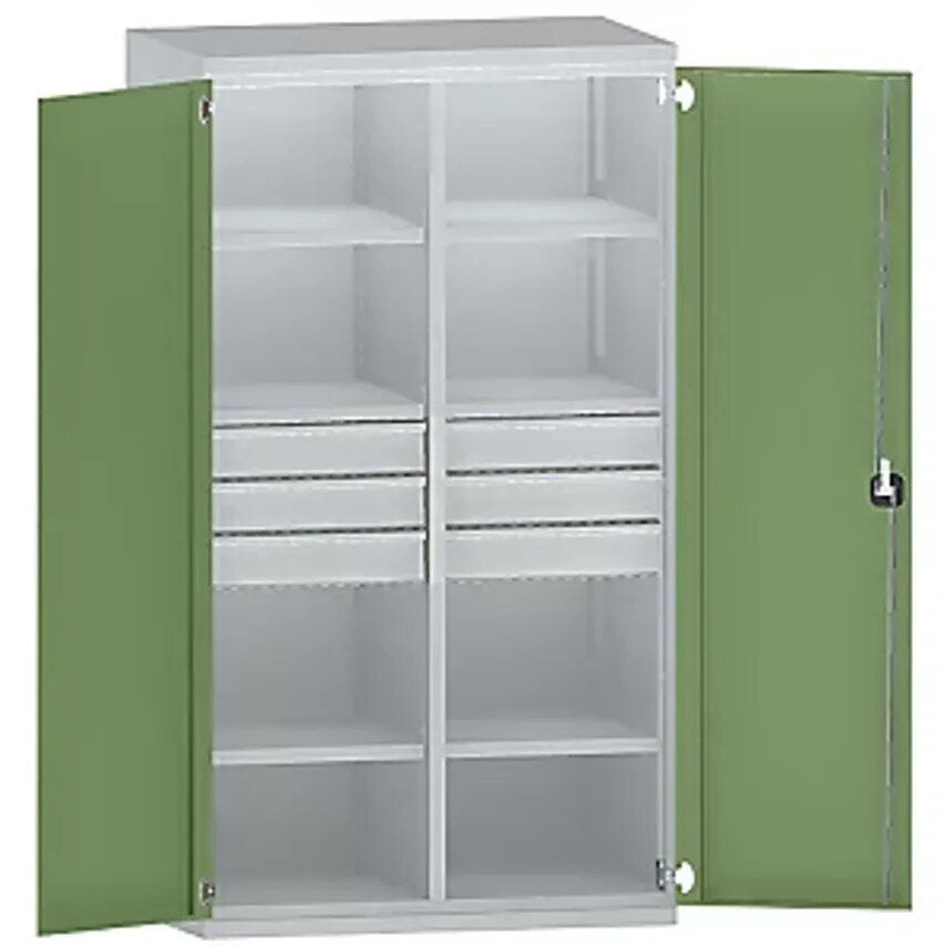 Heavy Duty Cupboard Steel, 6 Shelves, 6 X 120mm High Drawers, Light Grey/Reseda Green